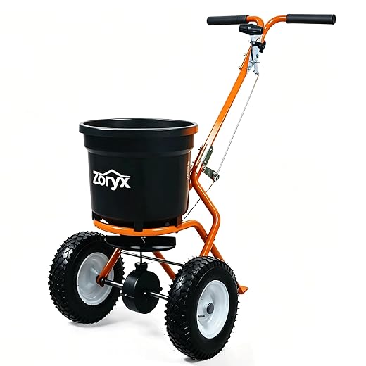 ZORYX 50LB Walk-Behind Broadcast Spreader, Heavy Duty Push Spreader for Fertilizer, Seed, Salt, Ice Melt, 13Melt13 Pneumatic Tires, Adjustable Flow, Anti-Clog Hopper w/Rain Cover