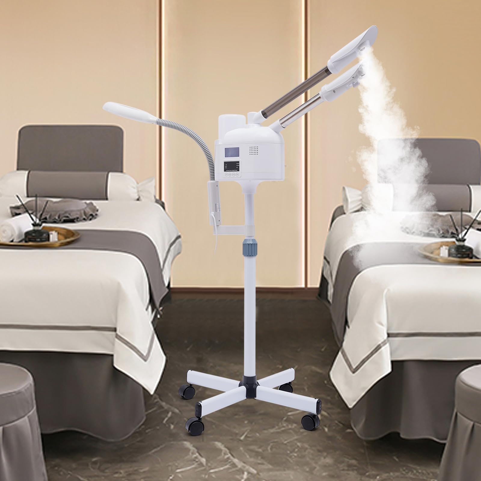 Vapore professionale 3 in 1 Nano-ionico, vaporizzatore a vapore caldo e freddo, con ruote LED, lampada touch screen, altezza e angolo regolabili, per Beauty Salon Home Spa, bianco