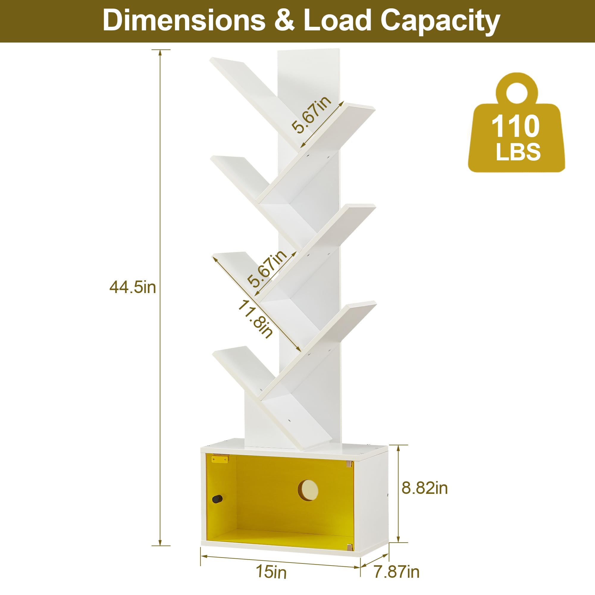 VECELO 7-Tier Tree Bookshelf, 7 Shelf Storage Bookcase with Drawer, Wooden Tree-Shaped Book Display Shelves for CDs/Movies/Books, FreeStanding Geometric Bookcase Organizers for Home Office,White