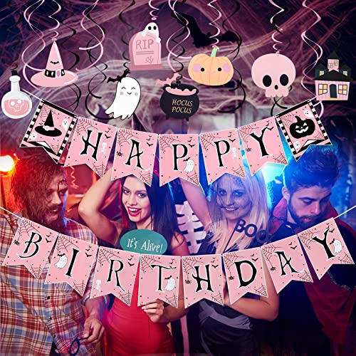 Pink Black Halloween Birthday Decorations - Pink Halloween Happy Birthday Banner And Halloween Hanging Swirls Supplies Pink Black Girls Halloween Birthday Party Supplies #TOP2