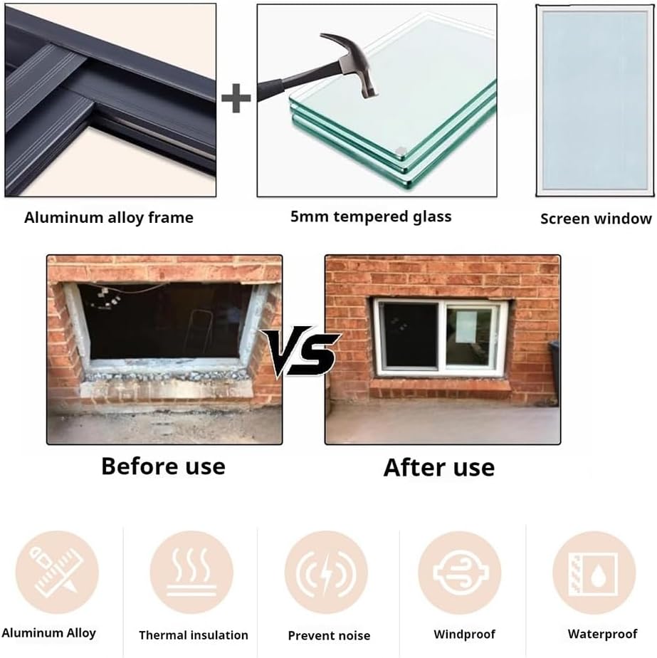 Aluminum Sliding Window Horizontal Shed Replacement Windows Basement Egress Window with Screen and Tempered Glass, Storm Shed Windows Garage or Shed, Easy-Glide Operation(Black,25x25in)