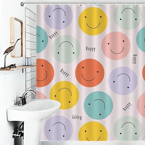 Miniatura 4 de Happy Smiley Face Cortina de ducha (60 x 72 pulgadas), juego de cortina de ducha estampada de tela de poliéster para baño con ganchos