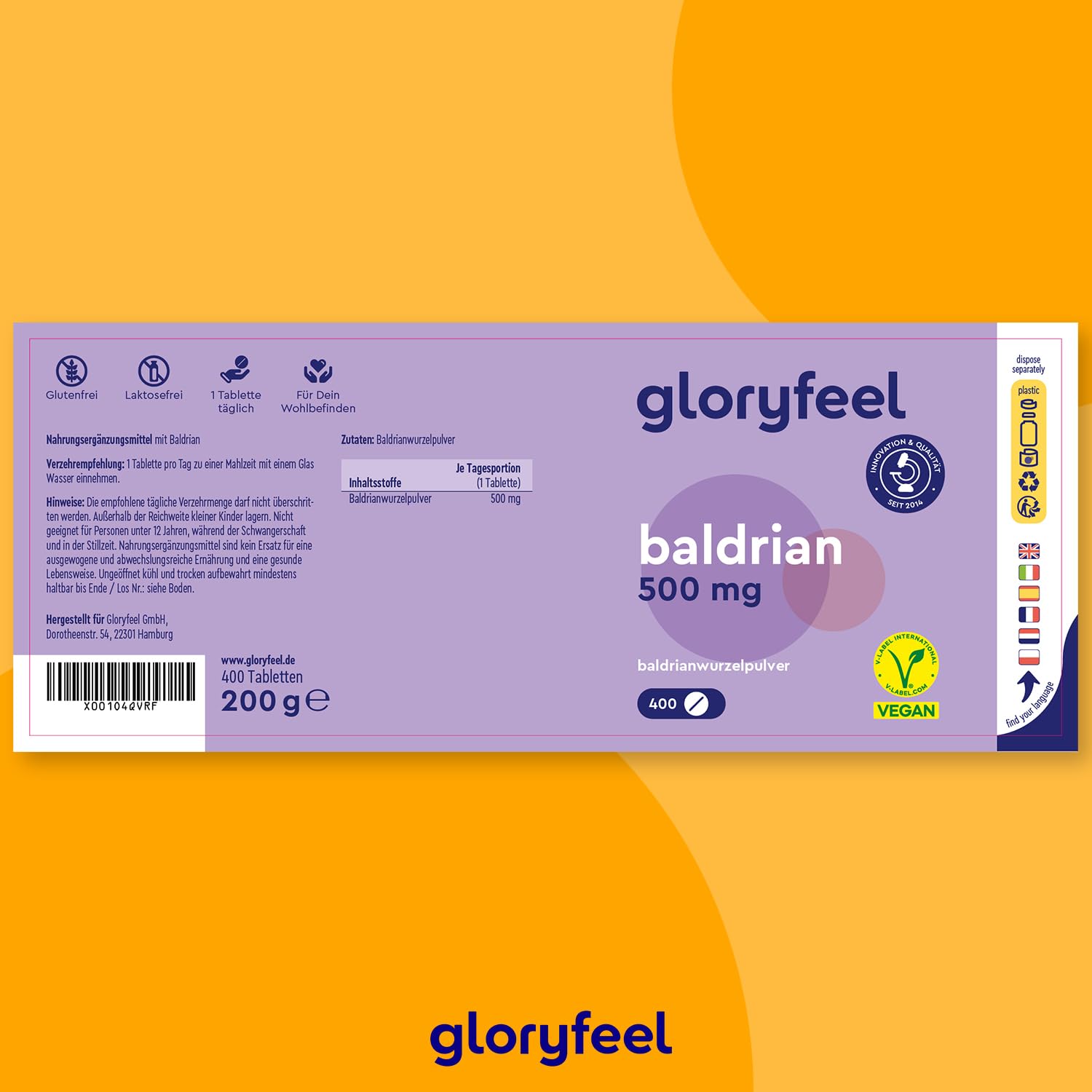 Baldrian hochdosiert - 400 vegane Tabletten - 500mg Baldrianwurzelpulver - Für über 1 Jahr ruhigen Schlaf und innere Gelassenheit - Ohne unerwünschte Zusätze