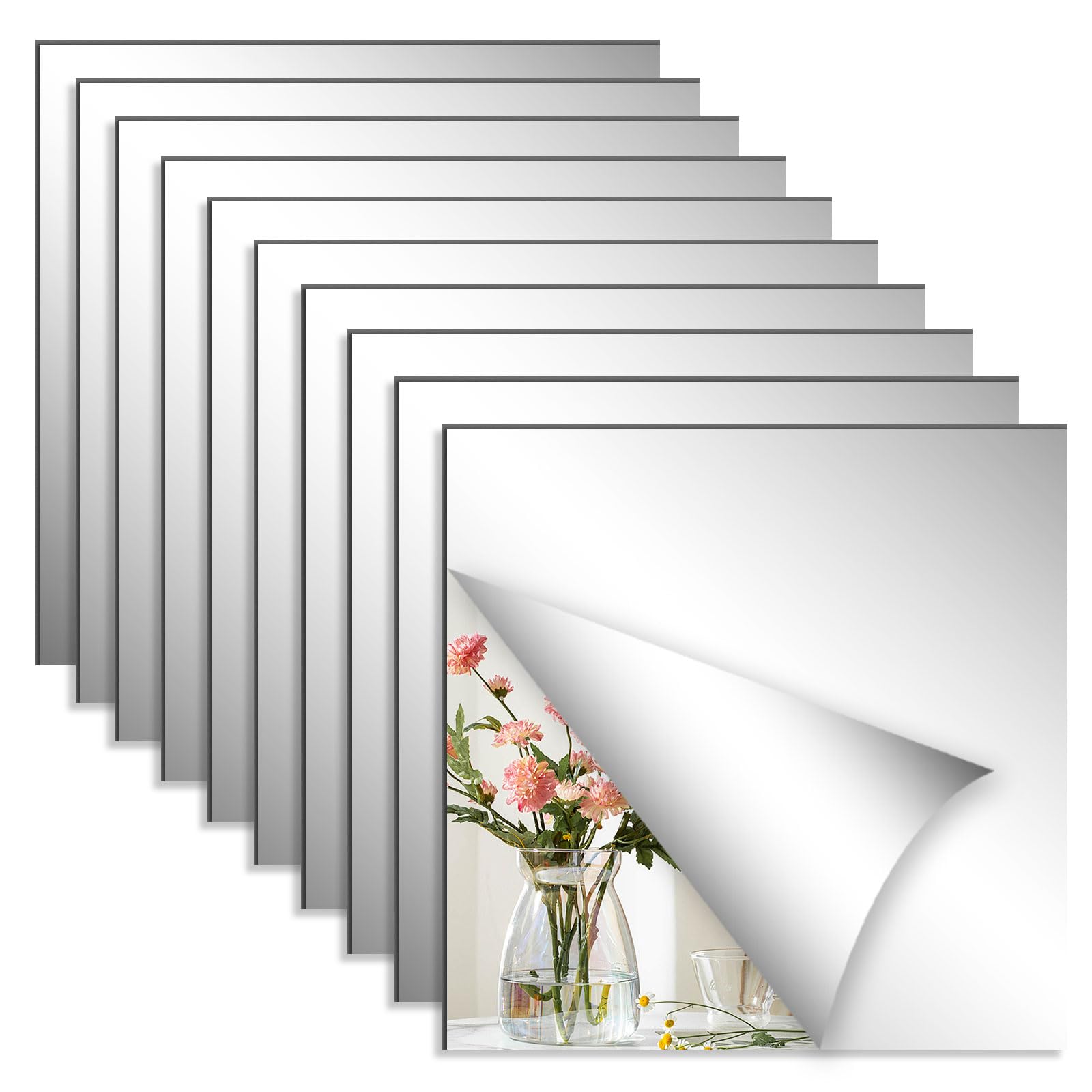 chuanhylis 4/10 Set Mirror Tiles, Stick on Mirrors for Walls 20x20cm, Acrylic Mirror for Home Decoration, Bathroom, Living, Bedroom, Wardrobe, Wall (10)