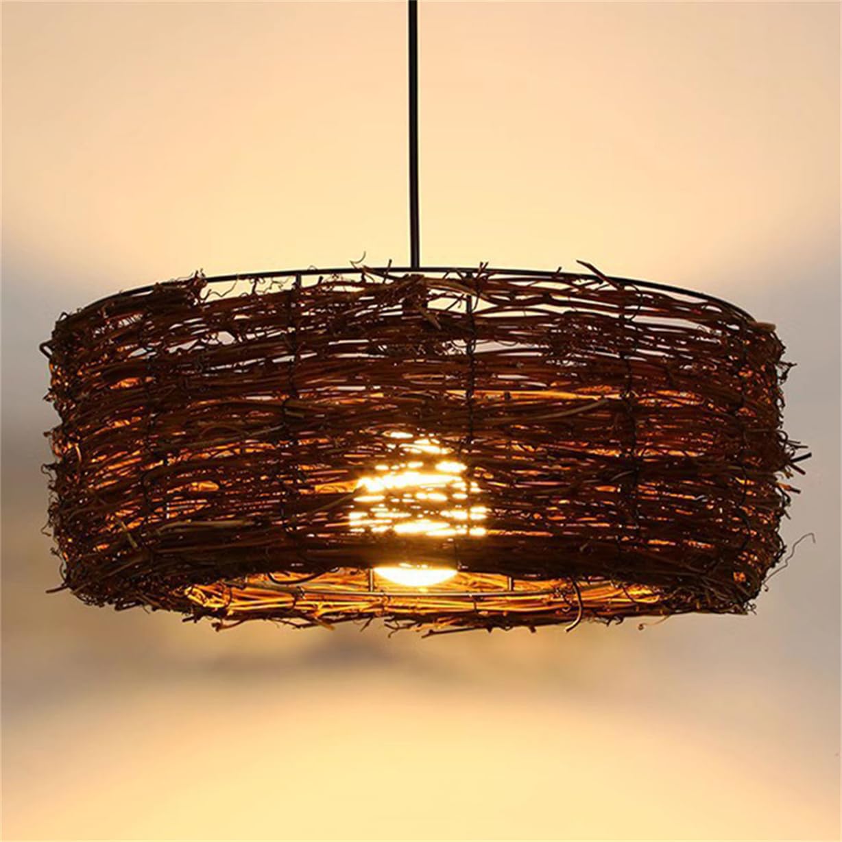 SHUANGZ Creative Bird's Nest Rattan Woven Pendant Light Shade with Metal Frame Modern Vintage Chandelier Industrial Style Wicker Basket Lantern for Coastal Dining Room Kitchen Island Bedroom