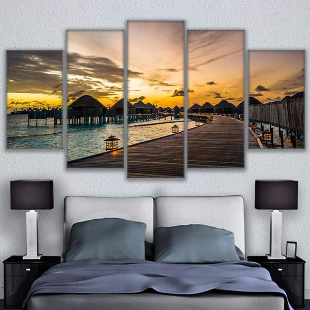 Impresiones sobre Lienzo Cuadro En Lienzo HD Decoración para El Hogar Cartel 5 Piezas Paradise Pier Sunset Dawn Broken Bridge Seascape Painting Living Room Animal Fotos