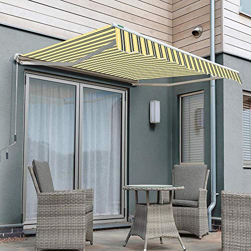 Primrose 4.0m x 3.0m Electric Awning Half Cassette DIY Patio Awning Gazebo Canopy Waterproof UV Protection with Fittings and Winder Handle Yellow and Grey Stripe