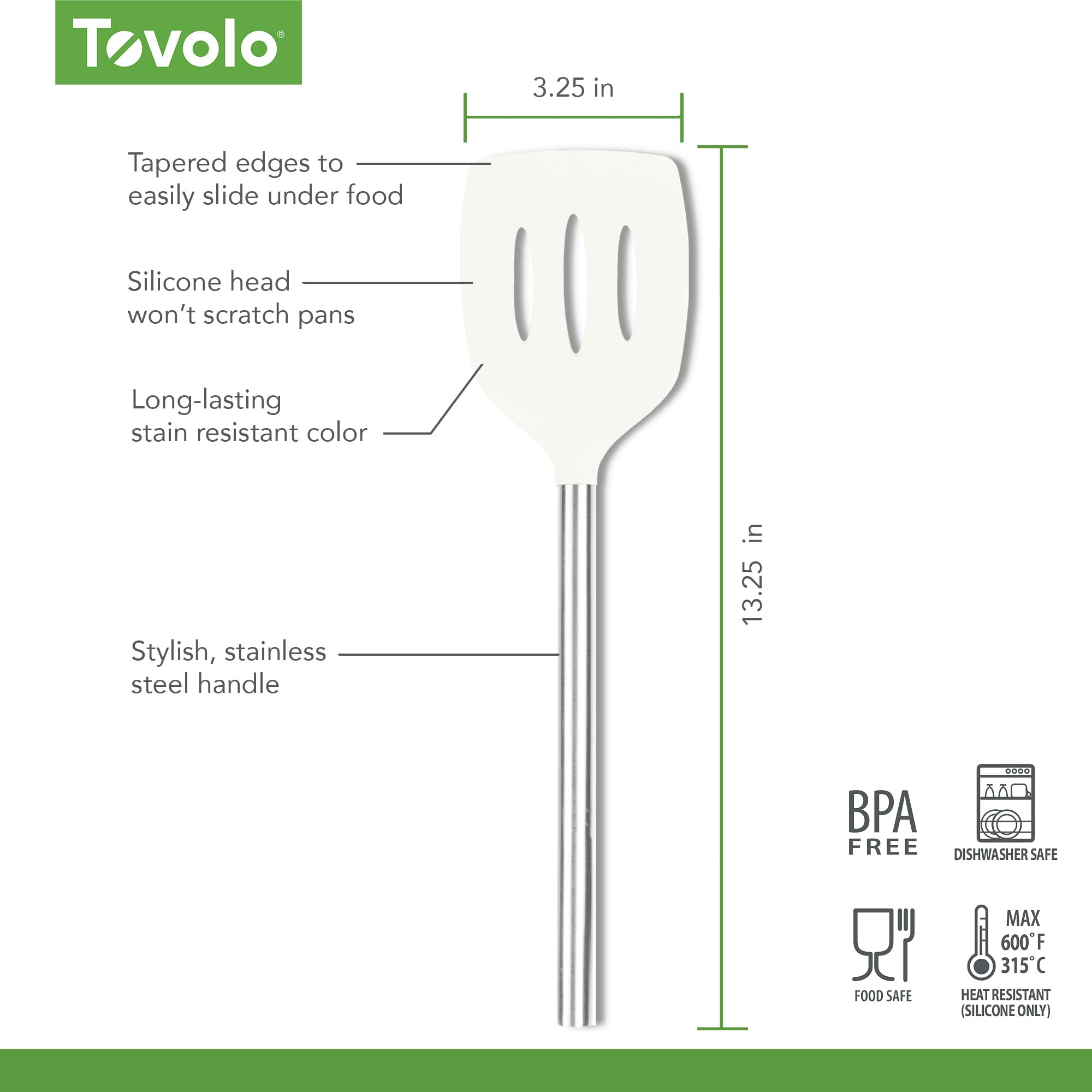 Tovolo Pfannenwender aus Silikon mit Schlitzen und Edelstahlgriff, Pfannkuchenspatel, kratzfestes Küchenutensil für antihaftbeschichtetes Kochgeschirr und Gusseisen-Bratpfannen, Weiß, 1 Stück