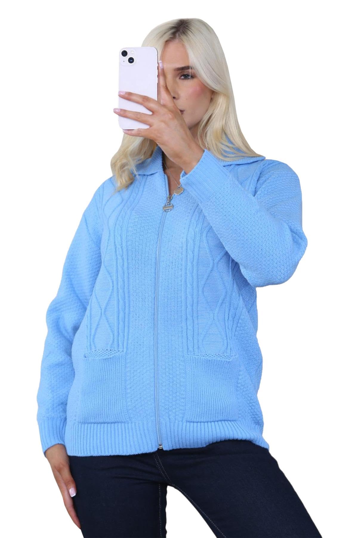 Wickedfashions123 Women's Sky Blue ’S Cable Knitted Collared Sweater Front Pocketed Cardigan Long Sleeves Winter Wear Zipper Cardigan Classy Knitwear Plus Size Sweater Uk 20-22