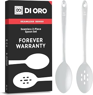 DI ORO Silicone Cooking Spoons - Solid & Slotted Set, 2-Pc Stone | Large heads for mixing, serving, and stirring; Heat-resistant to 600F for nonstick cookware; BPA-free and dishwasher safe