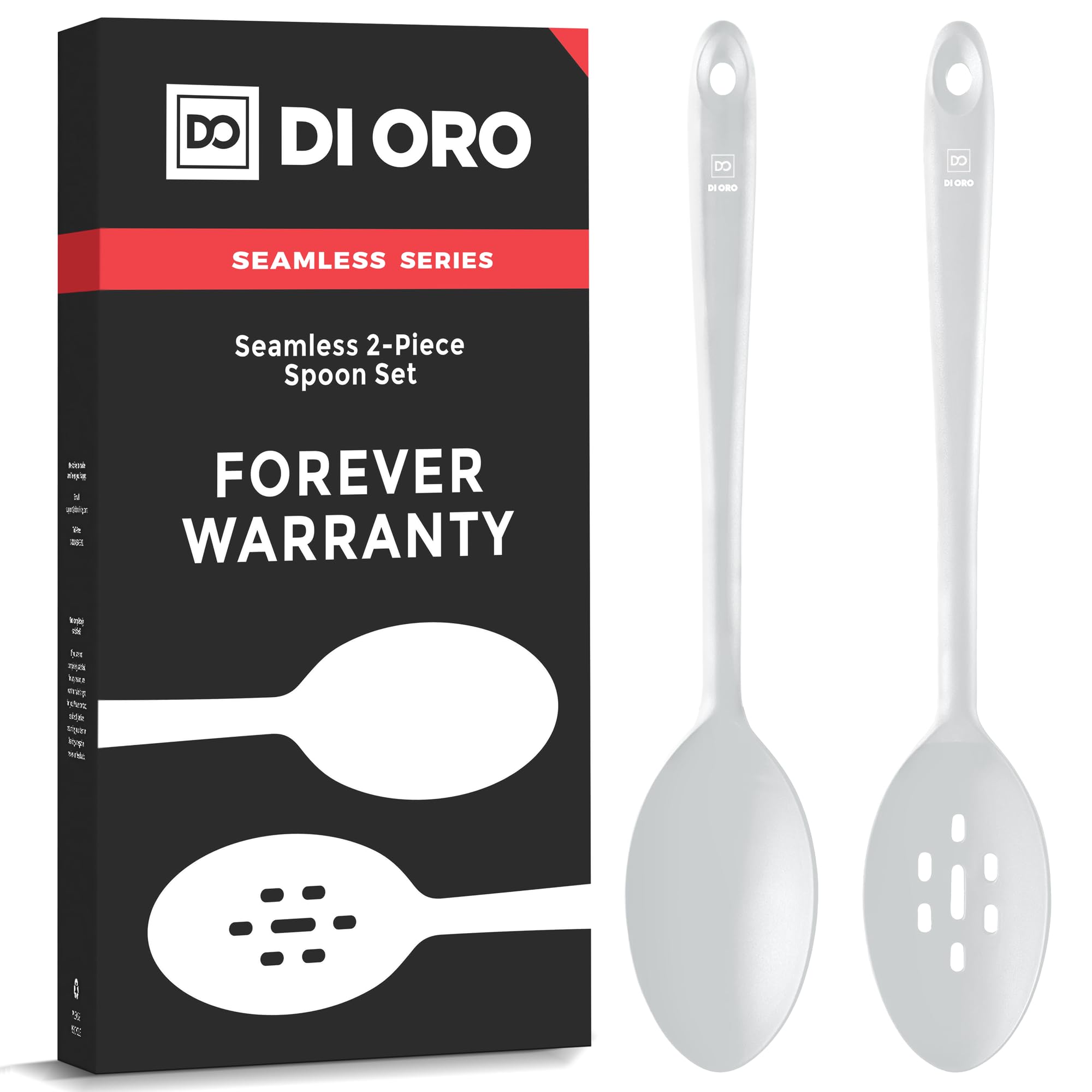 DI ORO Silicone Spoons for Cooking - Large Kitchen Spoons for Mixing, Serving, & Stirring - 600°F Heat-Resistant Non Stick Utensils – Big Solid & Slotted Basting Spoons - Dishwasher Safe (2pc, Stone)