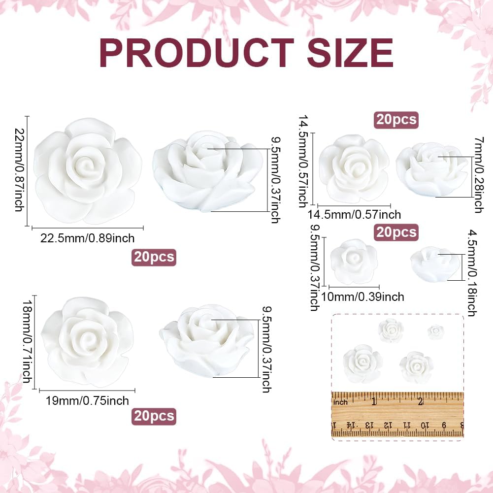 PH PandaHall 80pcs 4 Sizes Resin Rose Cabochons, White Rose Cabochons No Hole Flower Flatback Cabochon Opaque Floral Cabochons for Jewelry Making Scrapbooking Hair Clip Crafts, 22/18/14.5/9.5mm - Image 2