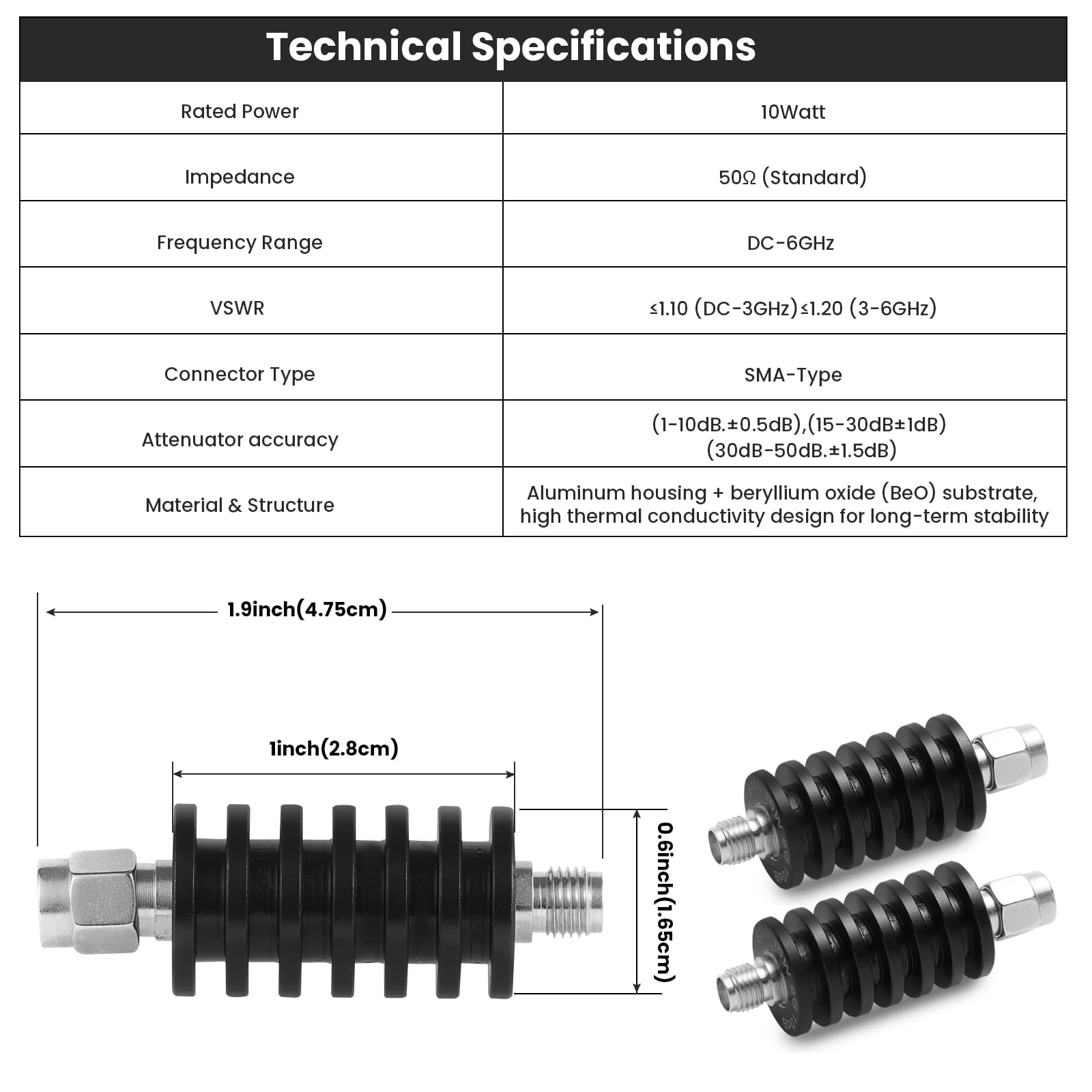 BECEN Atténuateur SMA RF 10 W, CC à 6 GHz, 50 Ohm (6 db)