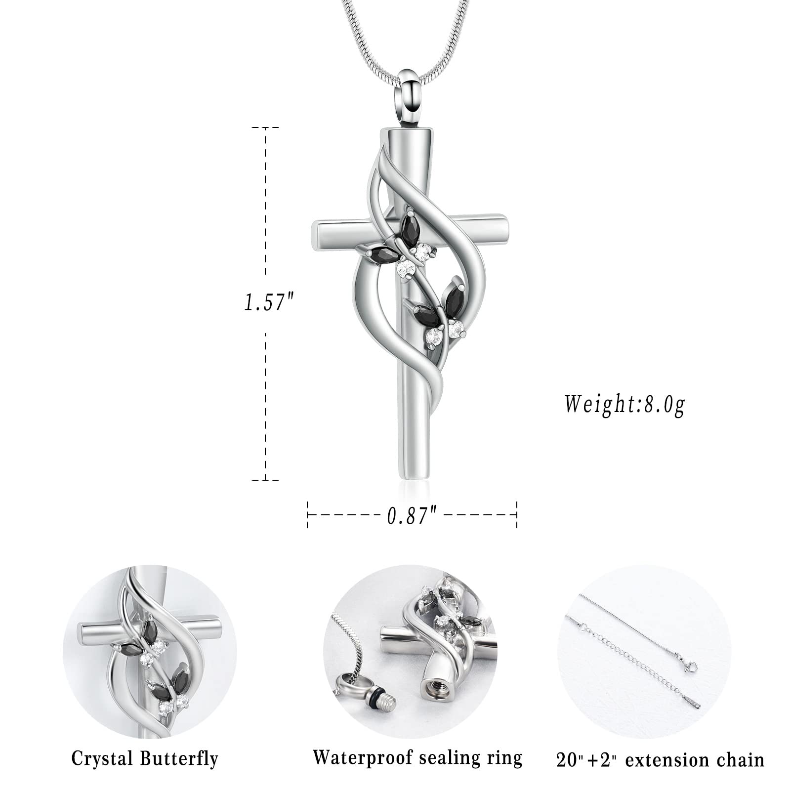 Minicremation Cremation Jewelry Urn Necklaces for Ashes Crystal Butterfly Cross Memorial Pendant for Women Girl Keepsake Gifts Funeral Cross Urn Locket(Black)
