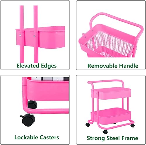 Miniatura 5 de Melody House Carrito organizador de almacenamiento de malla metálica de 2 niveles con asa y ruedas, carrito de almacenamiento multifuncional para