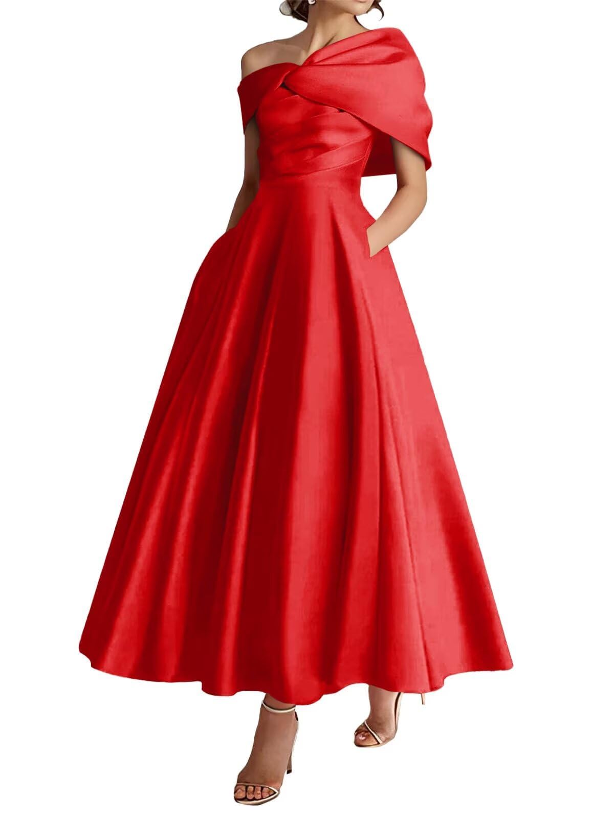 KIYNE Tea Length Mother of the Bride Dresses for Wedding Red Satin Wedding Guest Dress Floor Length Formal Party Gown UK16