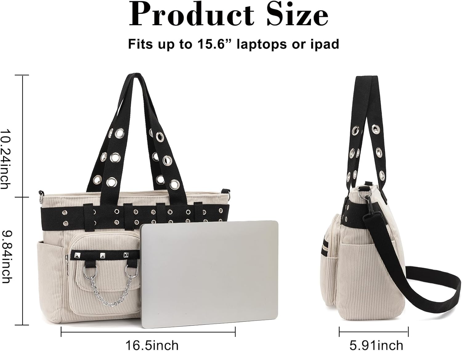 Tote Bag for Women, Corduroy Gothic Purse Goth Bag with Zipper for College, Work, Travel, Gym - Image 7