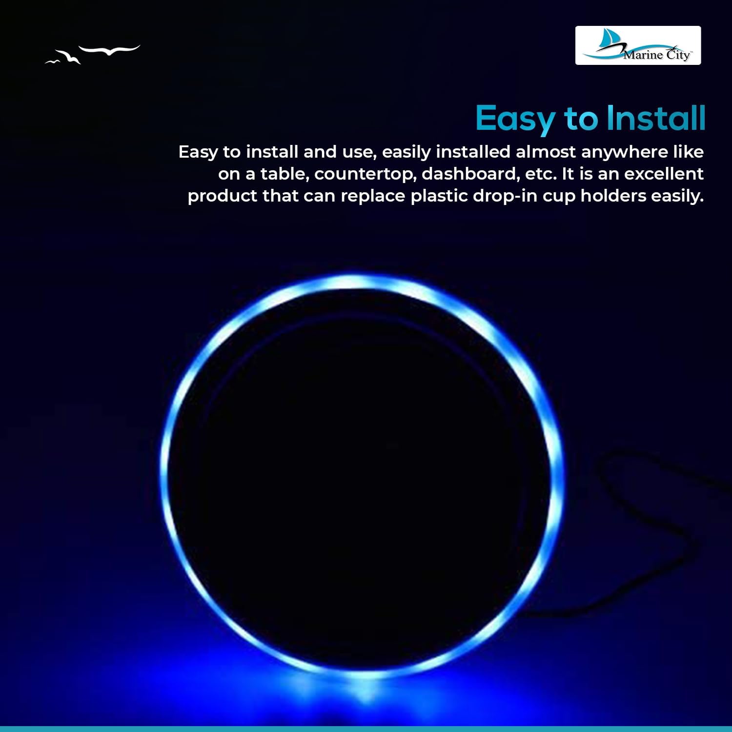 MARINE CITY Blue LED Light Cup Holder with Center Drain, Stainless Steel, Durable, Corrosion-Resistant, Easy Installation for Boats, Poker Tables, Yachts, Ships (Pack of 1)