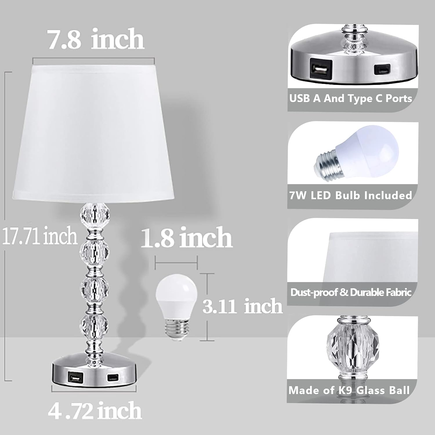Lámpara De Mesa De Cristal Con Control Táctil | Luz LED Regulable, Blanco Cálido 3000K | Inalámbrica Y Recargable | Base Dorada | Para Dormitorio, Salón O Oficina