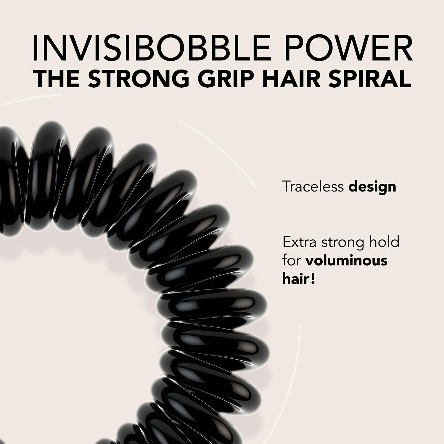 invisibobble Power Traceless Spiral Hair Ties - Pack of 5 True Black - Strong Elastic Grip Coil Hair Accessories for Active Women - No Kink, Non Soaking - Gentle for Girls Teens and Thick Hair