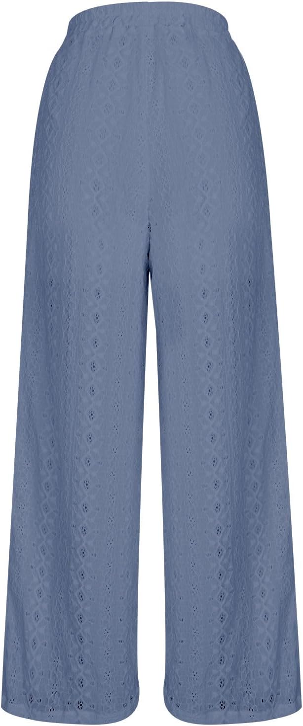 Womens Wide Leg Pants Summer High Elastic Waist Beach Boho Lace Palazzo Pant Loose Fit Solid Color Lounge Trousers