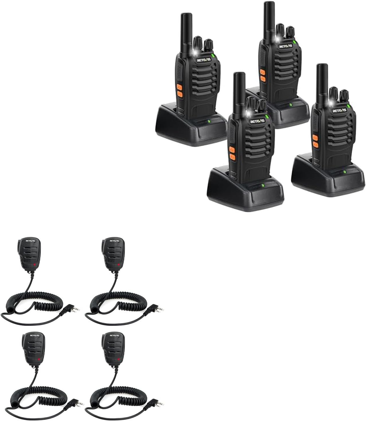 Retevis H-777 Walkie Talkies(4 Pack) Bundle with Walkie Talkie Microphone(4 Pack),Short Antenna, LED Flashlight, Emergency Alarm, 16 Channel,for Retevis RT22 RT68 H-777 RB26 RT86 RT21