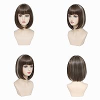 Vista 3 de Peluca Bob Marrón Ceniza con Flequillo, Peluca Corta y Lisa para Mujeres y Niñas, 12 Pulgadas, Resistente al Calor, Peluca de Cabello Bob Sintético