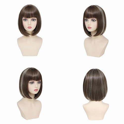 Miniatura 3 de Peluca Bob Marrón Ceniza con Flequillo, Peluca Corta y Lisa para Mujeres y Niñas, 12 Pulgadas, Resistente al Calor, Peluca de Cabello Bob Sintético