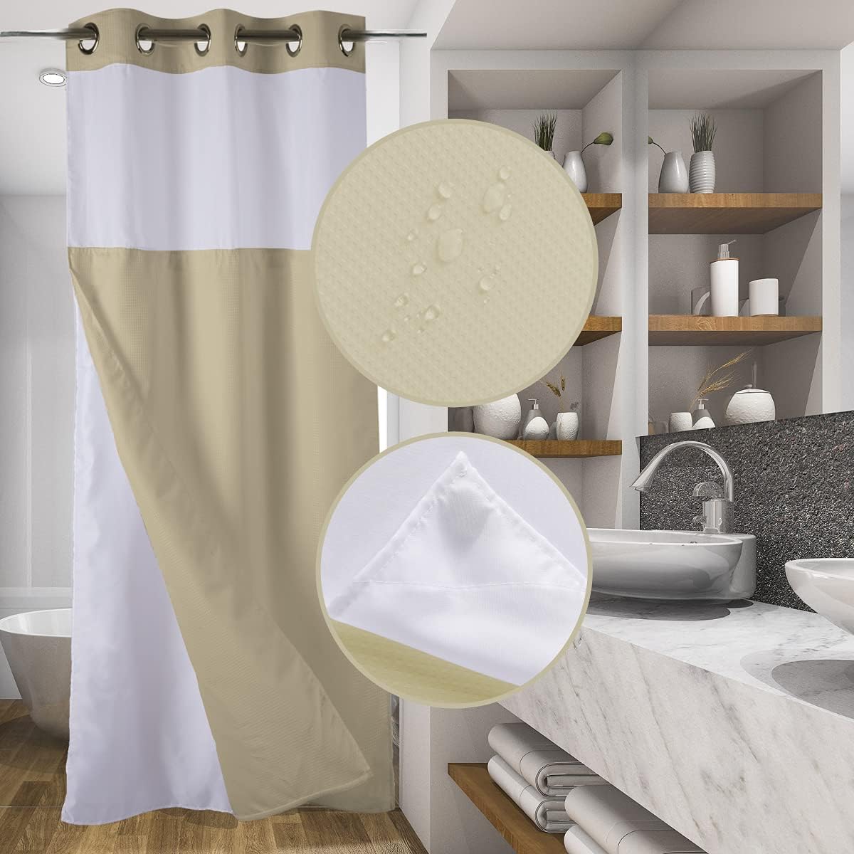 36" W x72“ L Hook Free Fabric Stall Shower Curtain with Polyester Snap-in Liner with Magnets–Hotel Quality Top See Through Latte