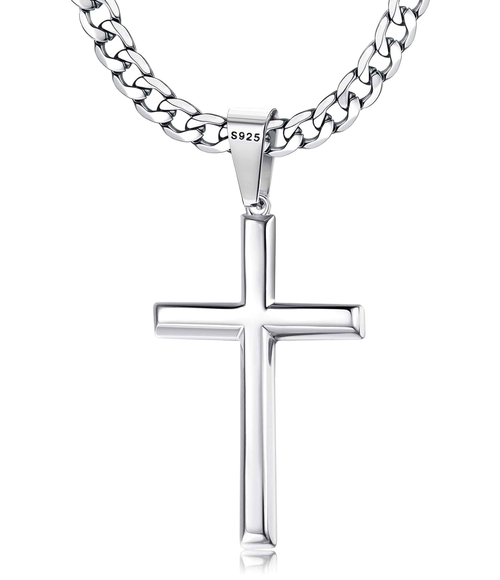 Besteel 925 Sterling Silver Cross Necklace for Men Women Chain 16-30 Inches Non Tarnish 5mm Stainless Steel Cuban Link Curb Chain Beveled Edge Crucifix Pendant Necklace Jewelry,Christian Baptism Gifts
