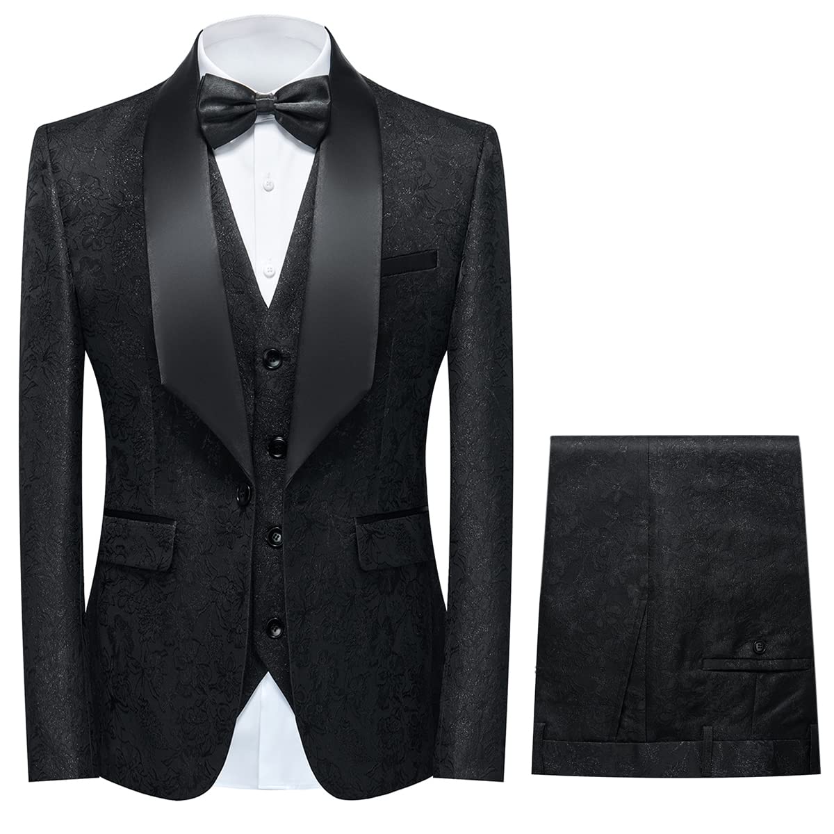 YFFUSHIMen's 3 Piece Jacquard Suits One Button Slim Fit Shawl Collar Party Prom Tuxedo
