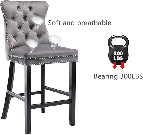 Miniatura 43 de Juego de 2 taburetes de bar de altura de mostrador, taburetes de bar con patas de madera maciza con respaldo, sillas de bar tapizadas de terciopelo