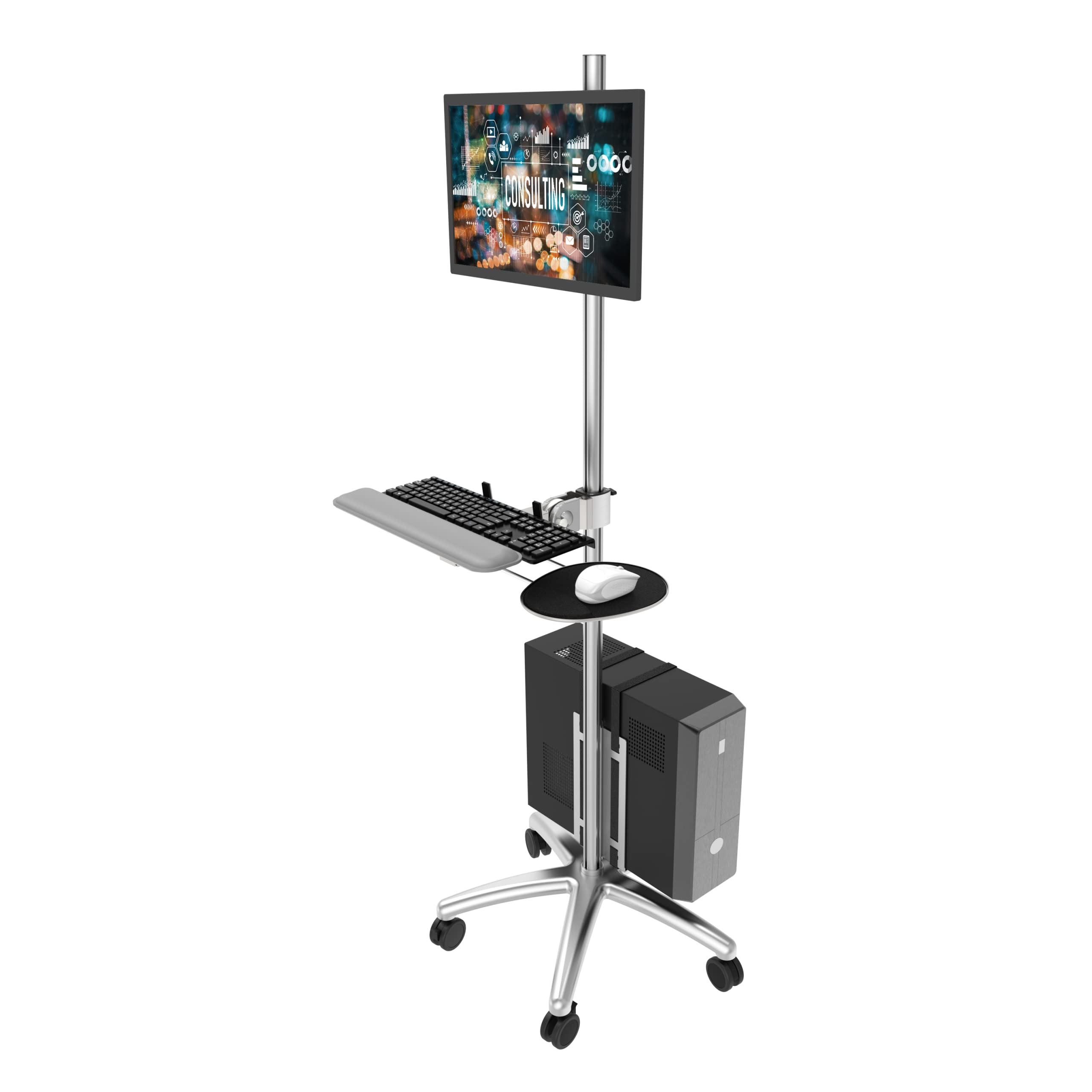 Rolling Computer Cart with Wheels, Mobile Standing Computer Workstation with Adjustable Single Monitor Mount, Foldable Keyboard Tray and CPU Holder, Mobile Computer Stand Fits Screens up to 27 inches