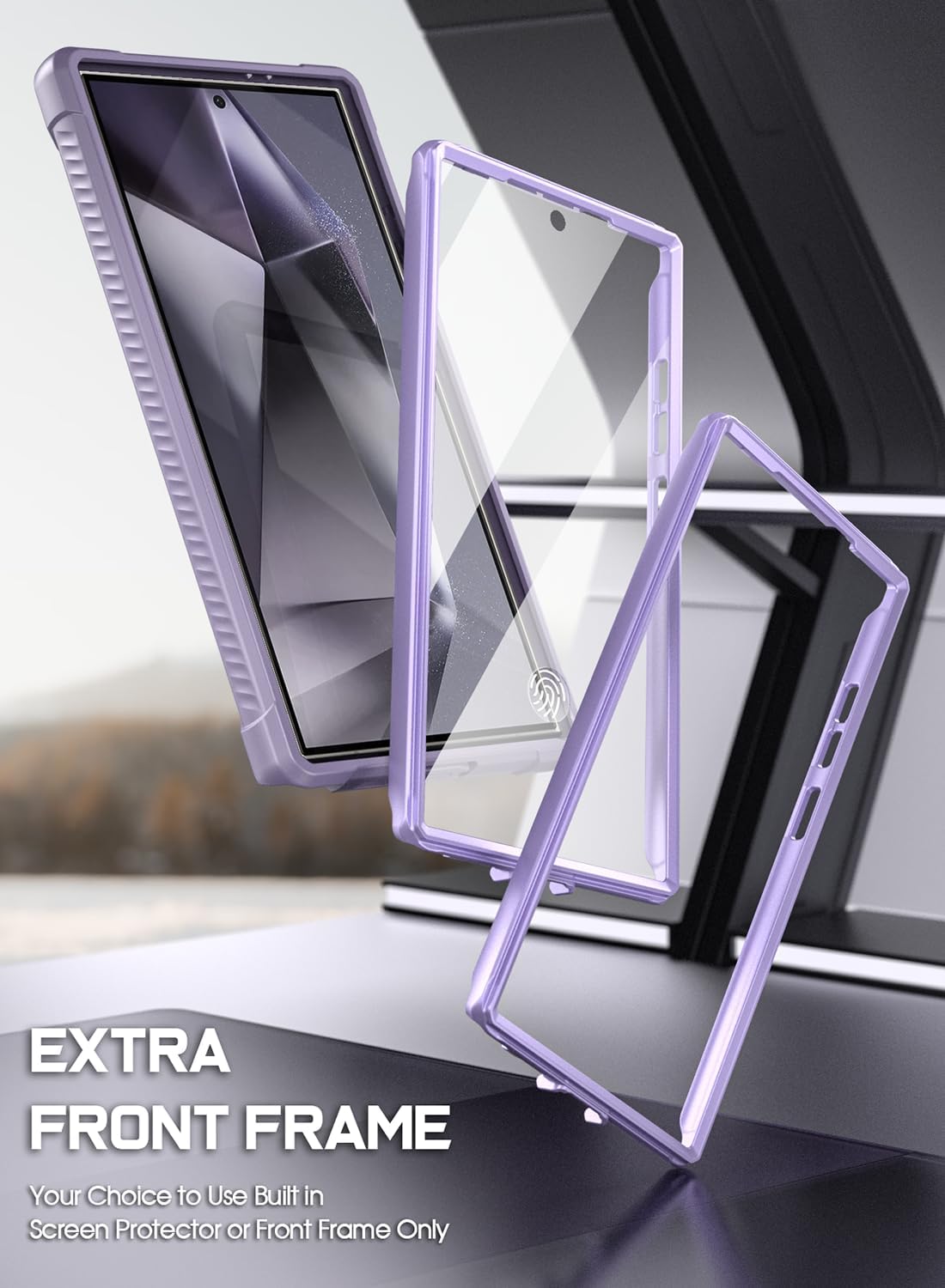 Poetic Guardian Case for Samsung Galaxy S24 Ultra 6.8", [Built-in Camera Stand] [Screen Protector Work with Fingerprint ID] Full Body Shockproof Protective Rugged Clear Cover, Purple/Clear