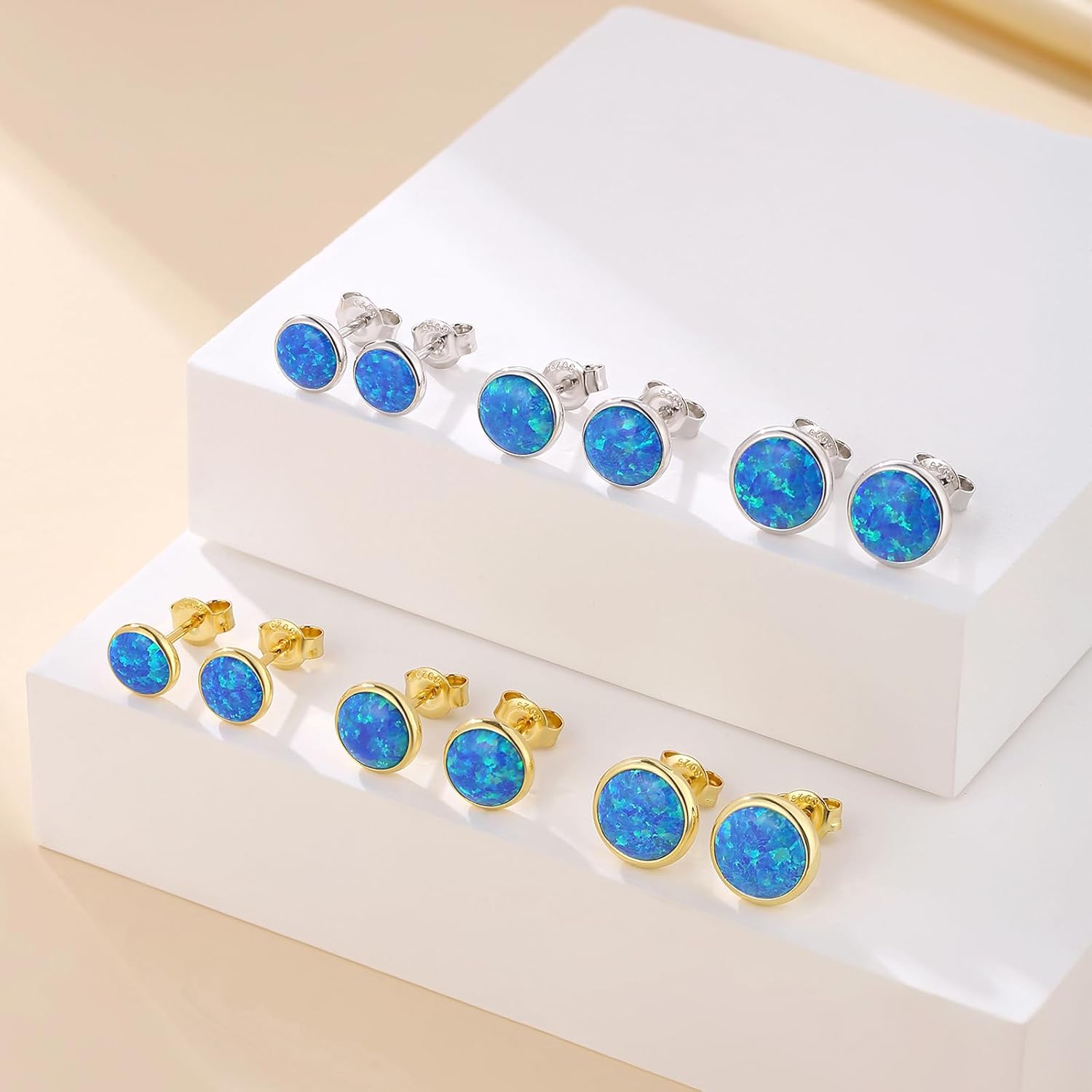 Opal Stud Earrings for Women Men, 925 Sterling Silver Hypoallergenic Earrings, Round & Oval Bezel Set Created Opal, Multi-Color Jewelry Gift (White/Red/Blue/Green) - Image 3