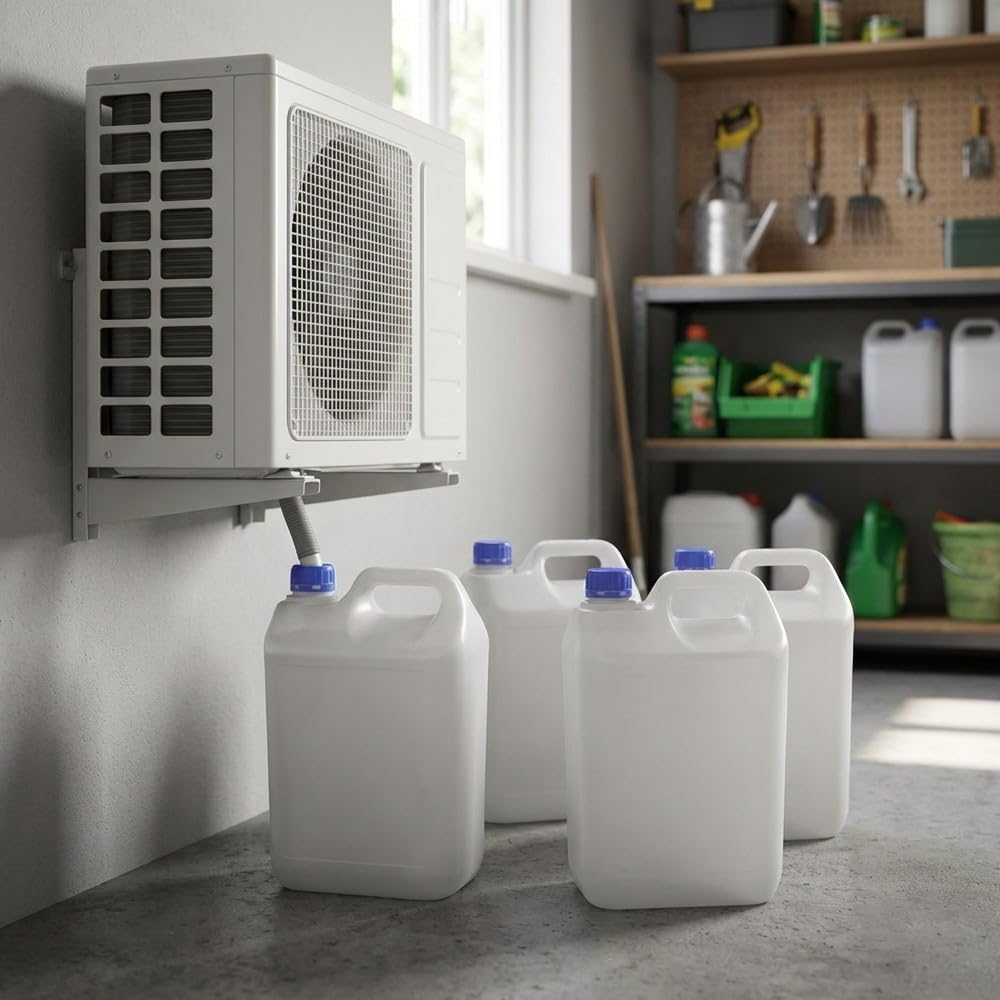 Suinga Bidon Condensador para Aire Acondicionado 5 litros + Soporte | Garrafa de Plastico Alimentario, con Asa y Tapon | Bidon Multiusos para Almacenaje, Transporte y Liquidos