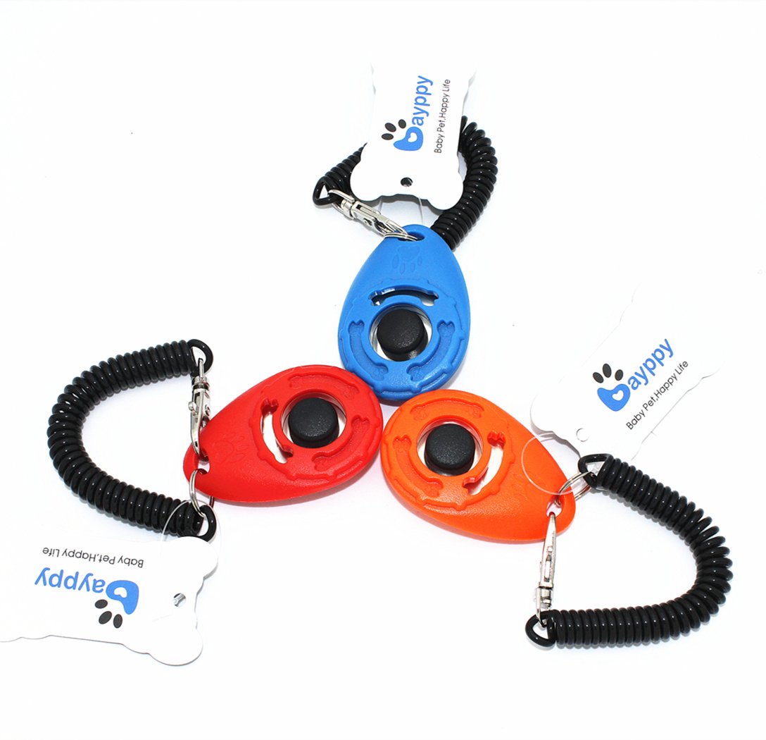 Water Drop Shaped Pet Dog Training Clicker Kit Set with Wrist Band,3 Colors 3pcs Dog Clicker Training System Tool for Dogs, Cats, Horses,Birds,Pets(Blue+Red+Orange)