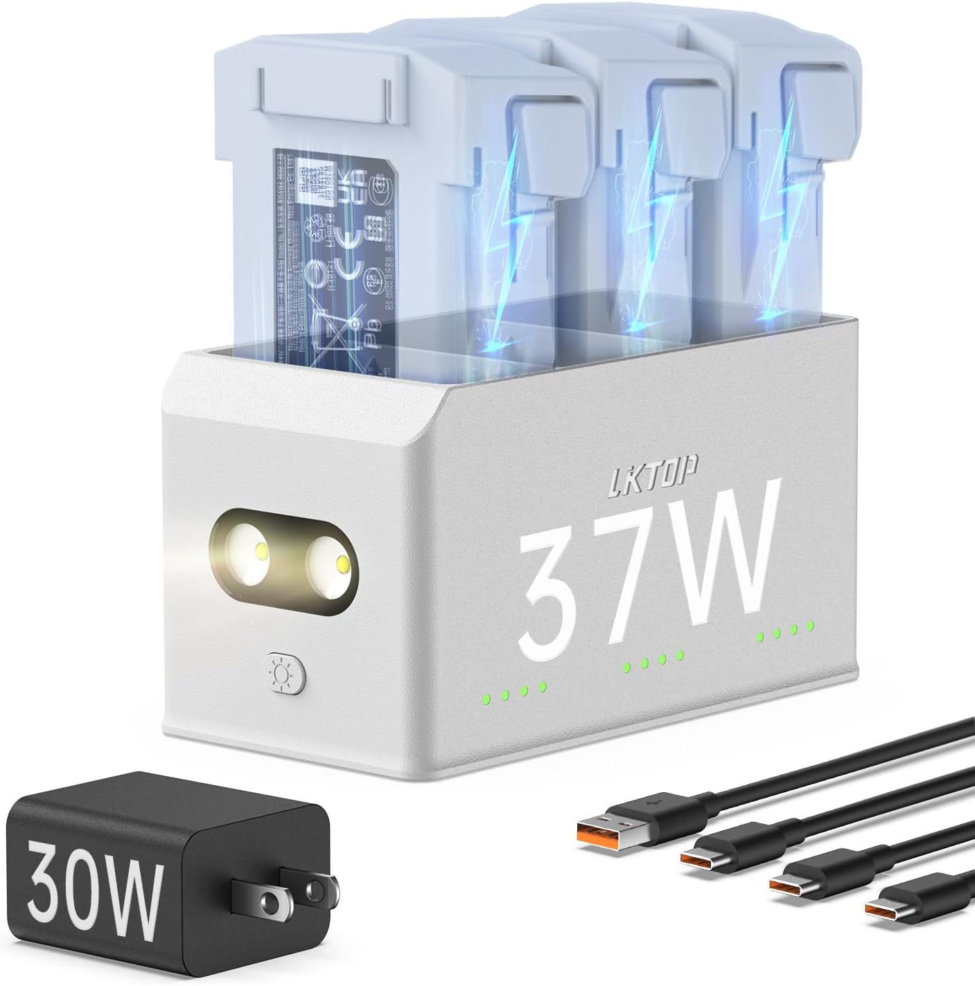 LKTOP Mini 4 Pro/3 Pro/3 Charing Hub Kit, Replacement DJI Mini 4/3 Series Fast Battery Charger, 30W USB-C Charger for DJI Drone Accessories, Storage LED Lights Alarm Mode (Charge 1 Battery: 58 min)