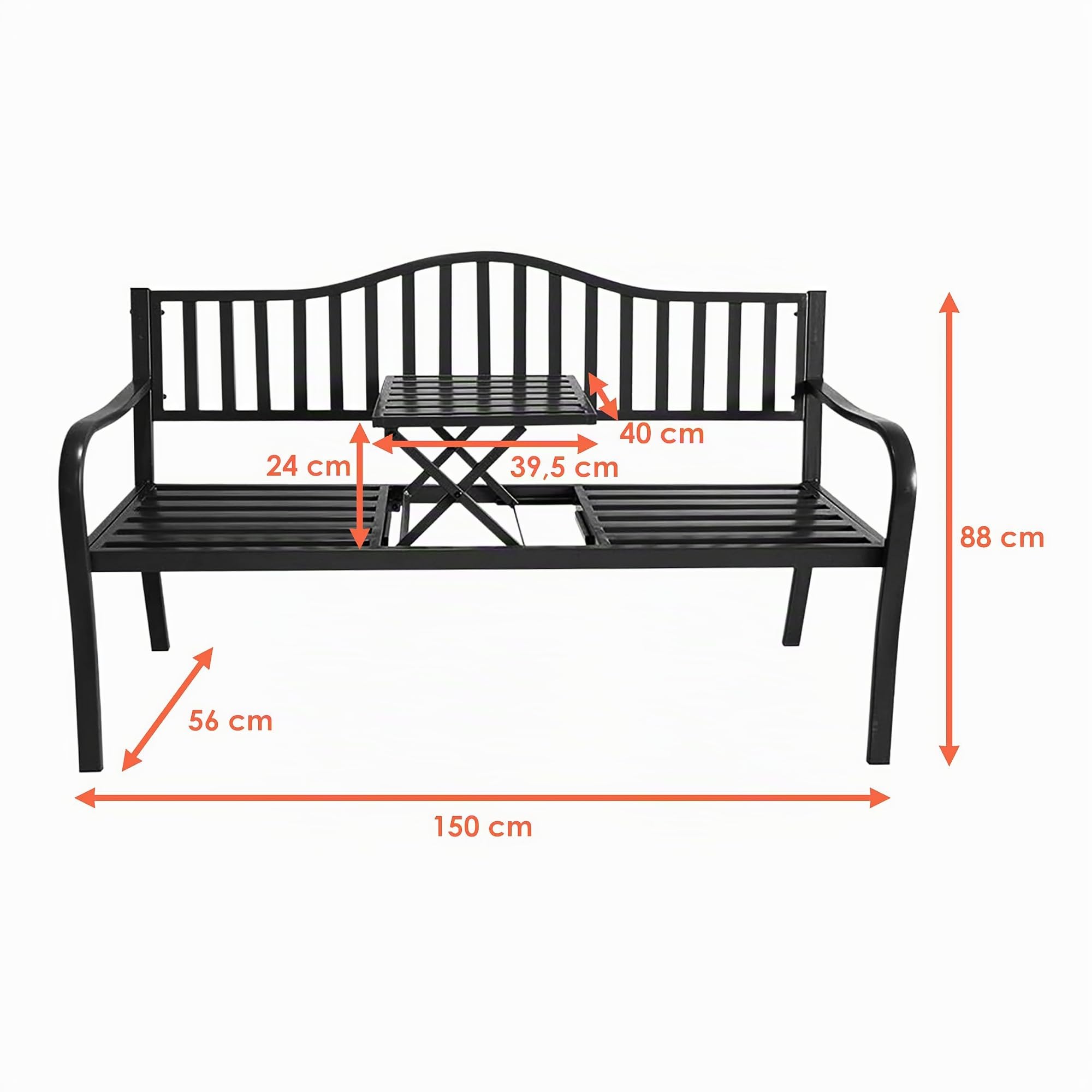 Banco de jardín de metal con mesa integrada – 150 x 56 cm – Banco 2 en 1 negro con recubrimiento de polvo – Banco de parque con mesa plegable para jardín, balcón, terraza, 450 kg, resistencia a la