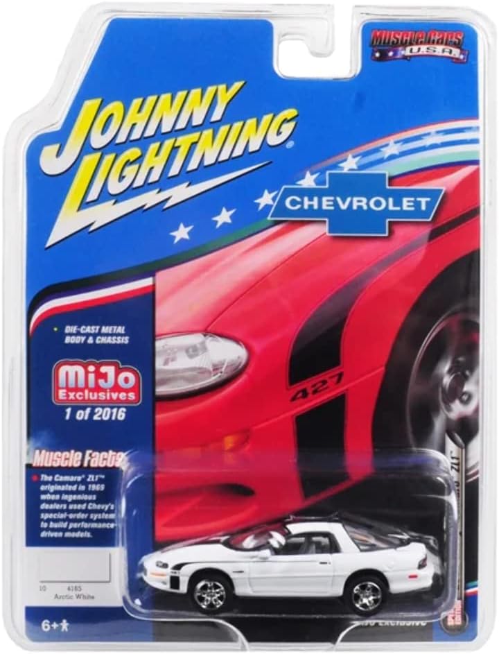 Johnny Lightning 2002 Chevrolet Camaro ZL1 427 Arctic White with Black Stripes Muscle Cars USA Limited Edition to 2016 pieces Worldwide 1/64 Diecast Model Car
