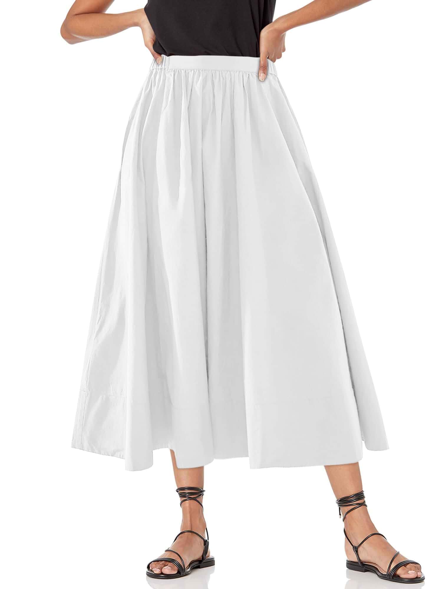 Yousify Women’s A-Line Midi Skirts Casual High Waist Flowy Pleated Skirt Side Pocket, Flared, Midi Length, Elastic Waist, Solid Color, Boho Beach, Long Skirts for Women