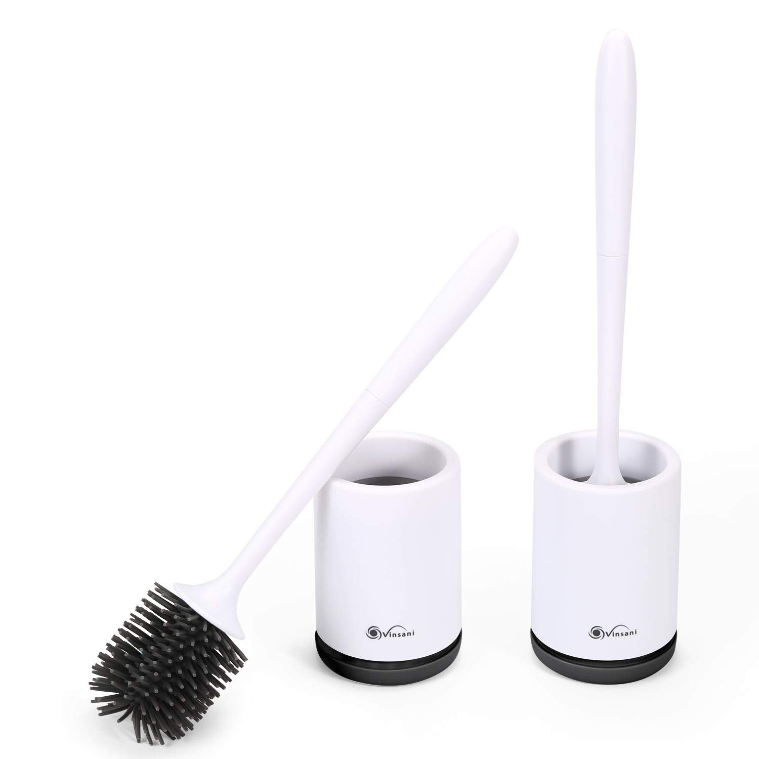 Vinsani Toilet Brush with Handle & Holder Set - Non-Slip Plastic handle with Deep Cleaner Flexible Rubber Bristles and Quick Dry Holder