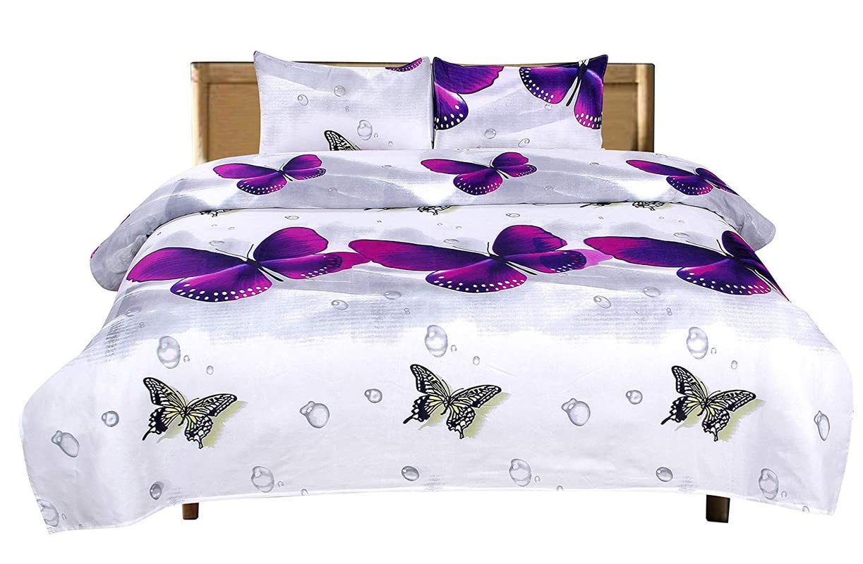 Prime Collection 144TC 3D Printed Polycotton Double Bedsheet with 2 Pillow Covers (Multicolour, Size 87 x 87 Inch) - White with Purple Butterfly 1 - M
