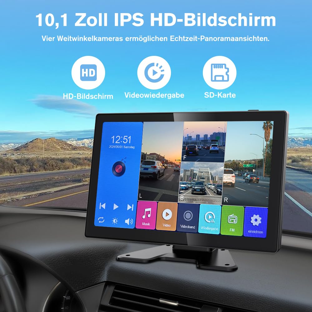 Junsun Rückfahrkamera 4 Kameras mit 10,1 Zoll Geteiltem Bildschirm HD Rückfahrmonitor für Auto, LKW, Bus & Wohnmobil, Rückfahrassistent, Dashcam