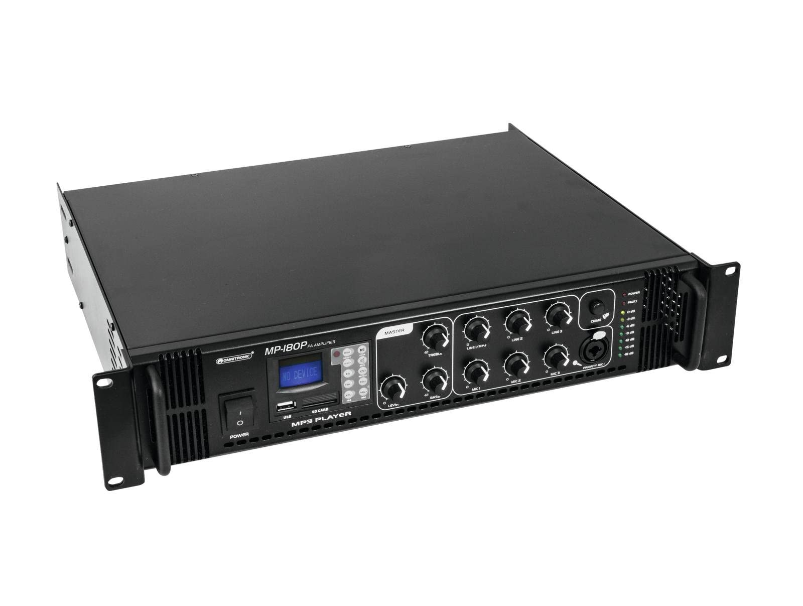 OMNITRONIC MP-180P ELA-Mischverstärker | ELA-Mono-Mischverstärker mit MP3-Player und IR-Fernbedienung, 180 Watt