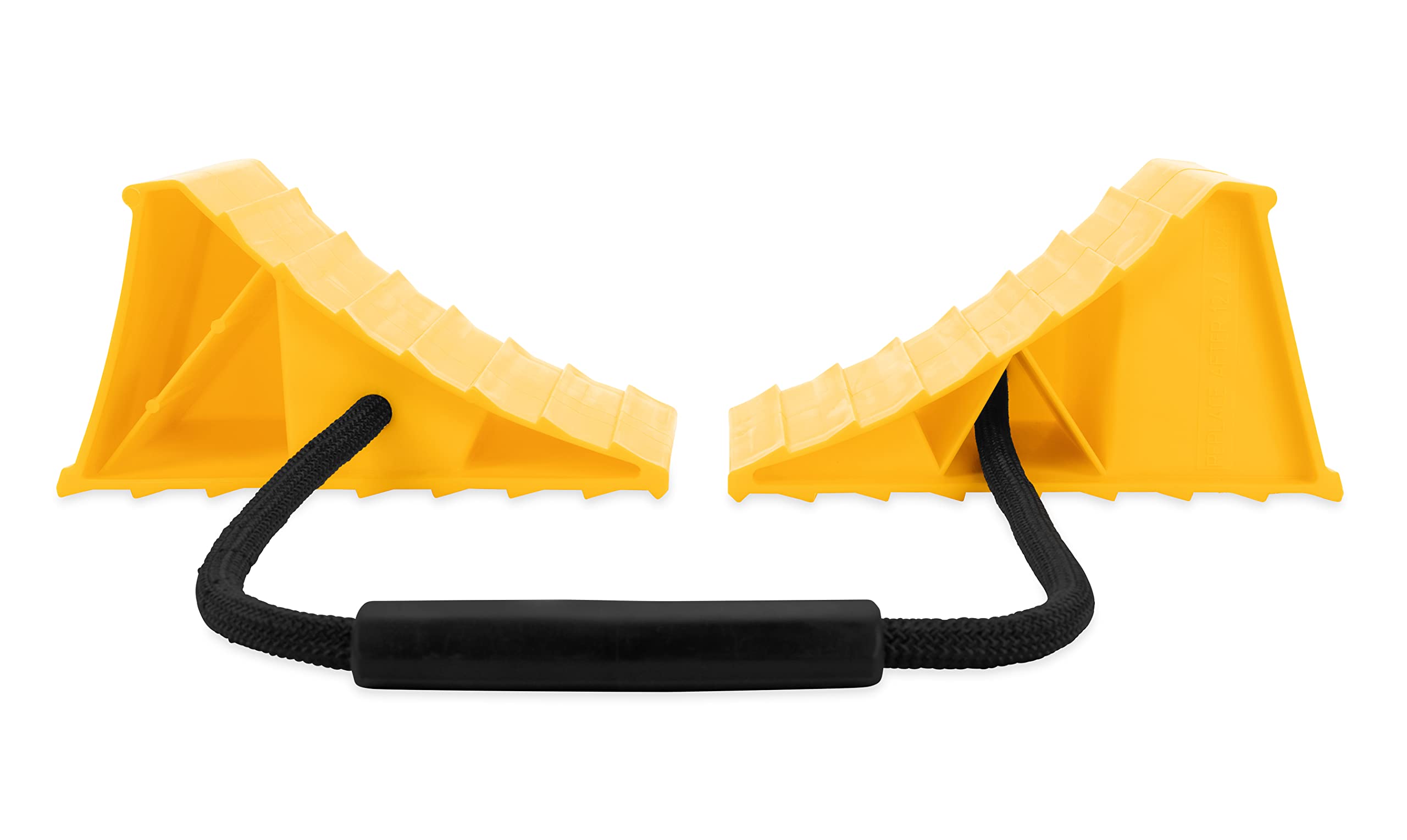 Camco Dual Standard RV Wheel Chock w/Rope - Heavy Duty Trailer Wheel Chock Constructed of Durable Plastic w/UV inhibitors - Features Rope Handle for Easy Removal - Use w/Tires Up to 26-in – 44470