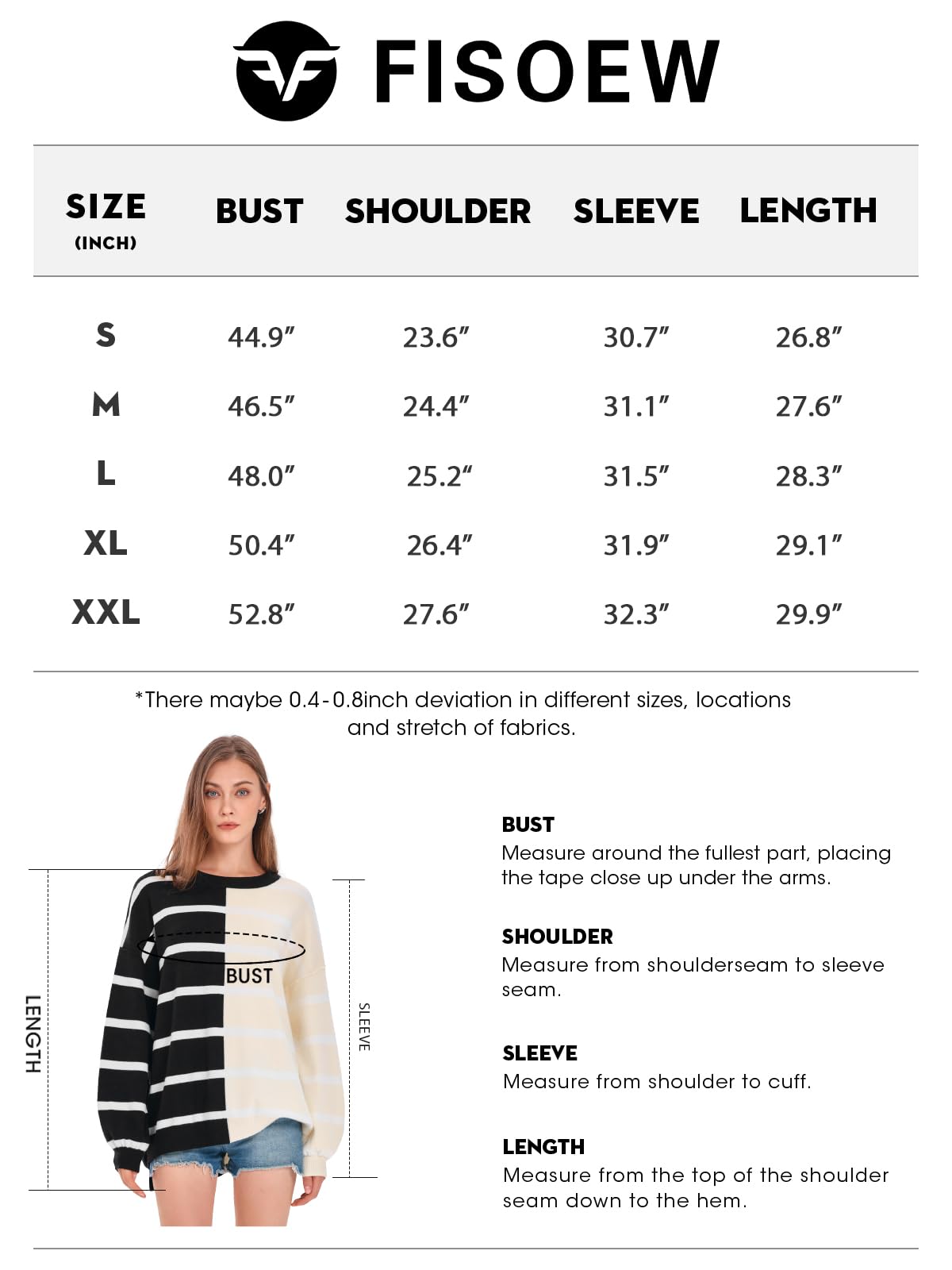 Fisoew Maglione da donna a righe girocollo a maniche lunghe lavorato a maglia a blocchi di colore casual sciolto leggero maglioni per le donne