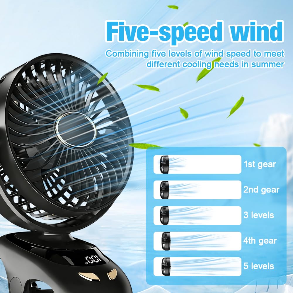 Tragbarer Ventilator zum Anklemmen, persönlicher Ventilator mit Clip, 6000 mAh, batteriebetrieben, USB-Schreibtischventilator, leise, wiederaufladbar, Mini-Tischventilator, 5 Geschwindigkeiten