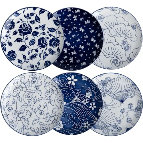 Ceramic Dinner Plates, 8 Inch Porcelain Dessert Salad Plates for Appetizer, Small Lunch – Dishwasher & Microwave Safe Kitchen Plates, Set of 6 (Blue)