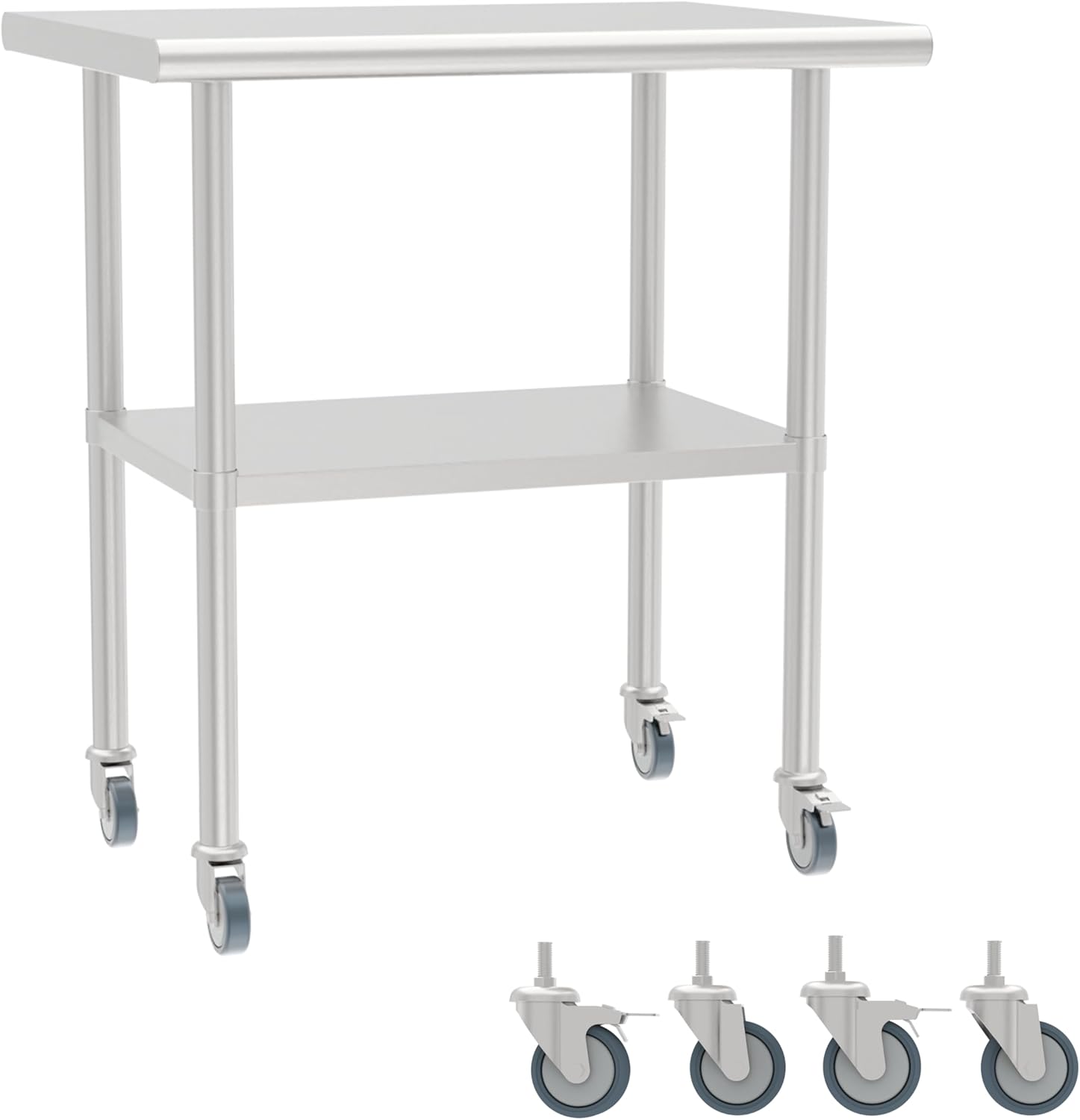Stainless Steel Work Table with Undershelf and Casters,Flat Top Commercial Prep Table for Kitchen,Restaurant,Garage,Durable,Scratch & Rust Resistant,Easy to Clean (1 Undershelf, 30'')